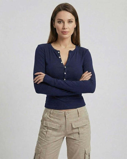 Arden Long Sleeve – Women’s Navy Blue Long Sleeve Top by Lauven with Slim Fit Viscose Design