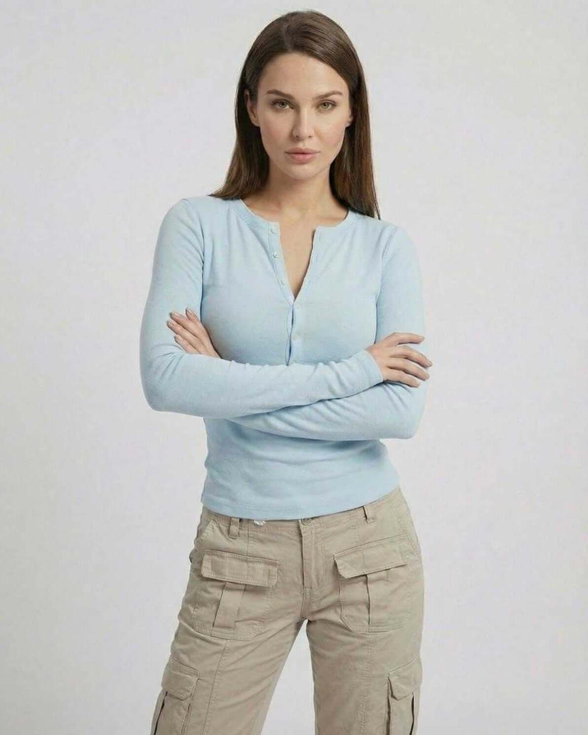 Lauven Luna Long Sleeve women's blue long sleeve top with slim fit ribbed design and button placket.