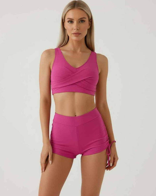 Malibu Set - Chic Pink Women’s Two Piece Set by Lauven featuring a sleeveless crop top and high waist shorts.
