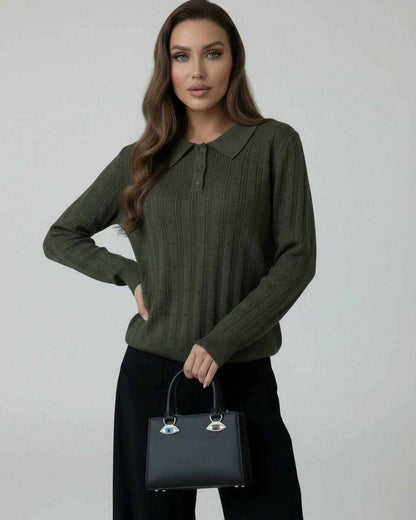 Orion Sweater by Lauven - Women's olive green knit sweater with elegant collared long sleeves.