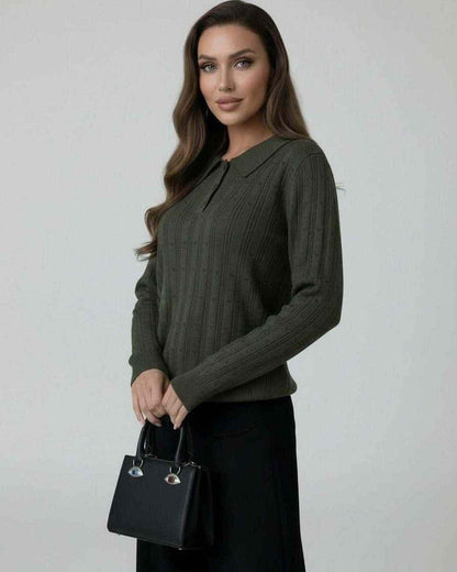 Orion Sweater by Lauven - Women's olive green knit sweater with long sleeves and collar.