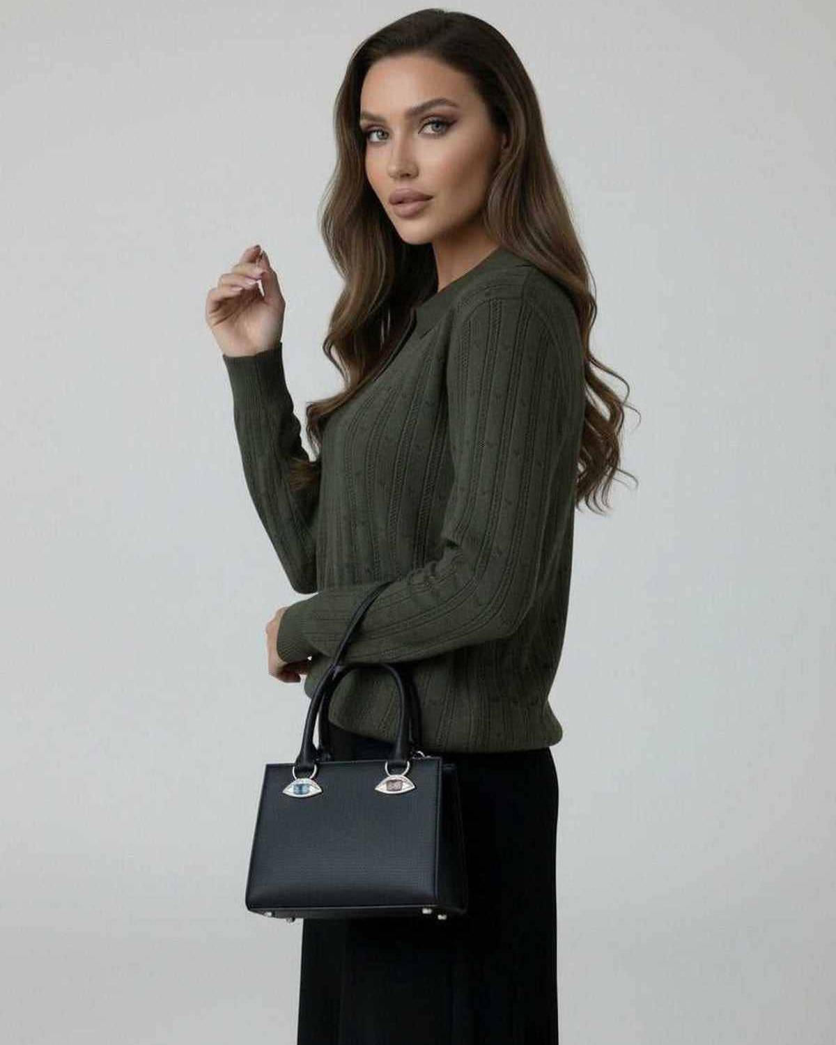 Orion Sweater by Lauven, women’s olive green knit sweater with elegant long sleeves.