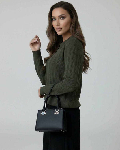 Orion Sweater by Lauven, women’s olive green knit sweater with elegant long sleeves.