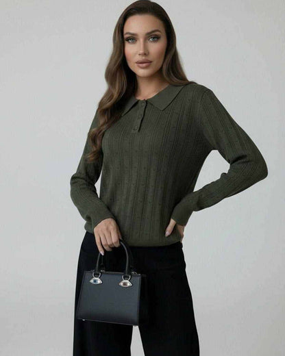 Orion Sweater by Lauven in olive green with elegant collared long sleeves and stylish design.