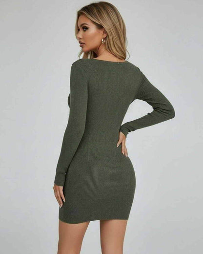 Olive Mini Dress by Lauven, showcasing a bodycon pencil silhouette and half-open collar in solid olive green.