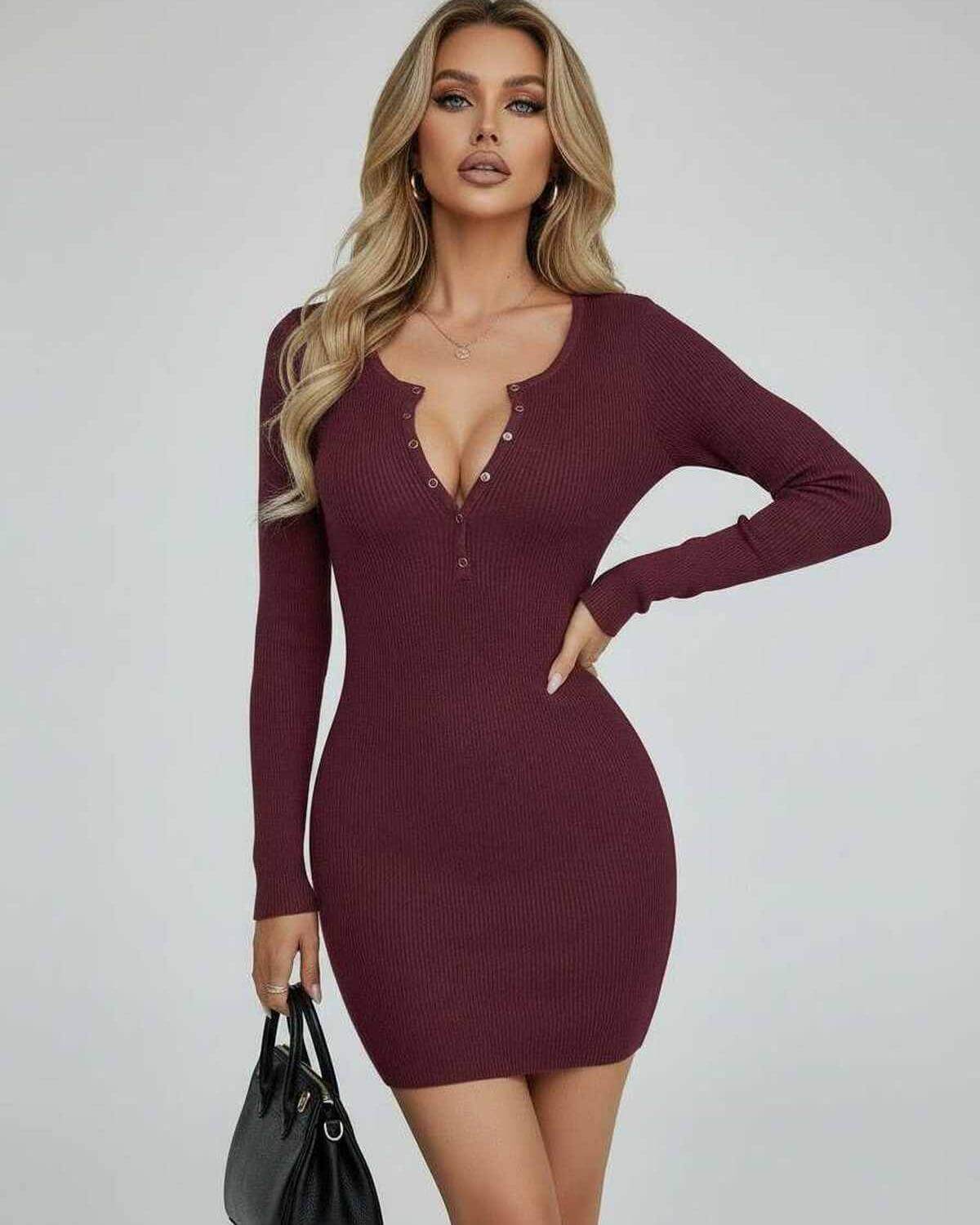 Sienna Mini Dress by Lauven - Long Sleeve Ribbed Burgundy Bodycon Mini Dress with V-neck