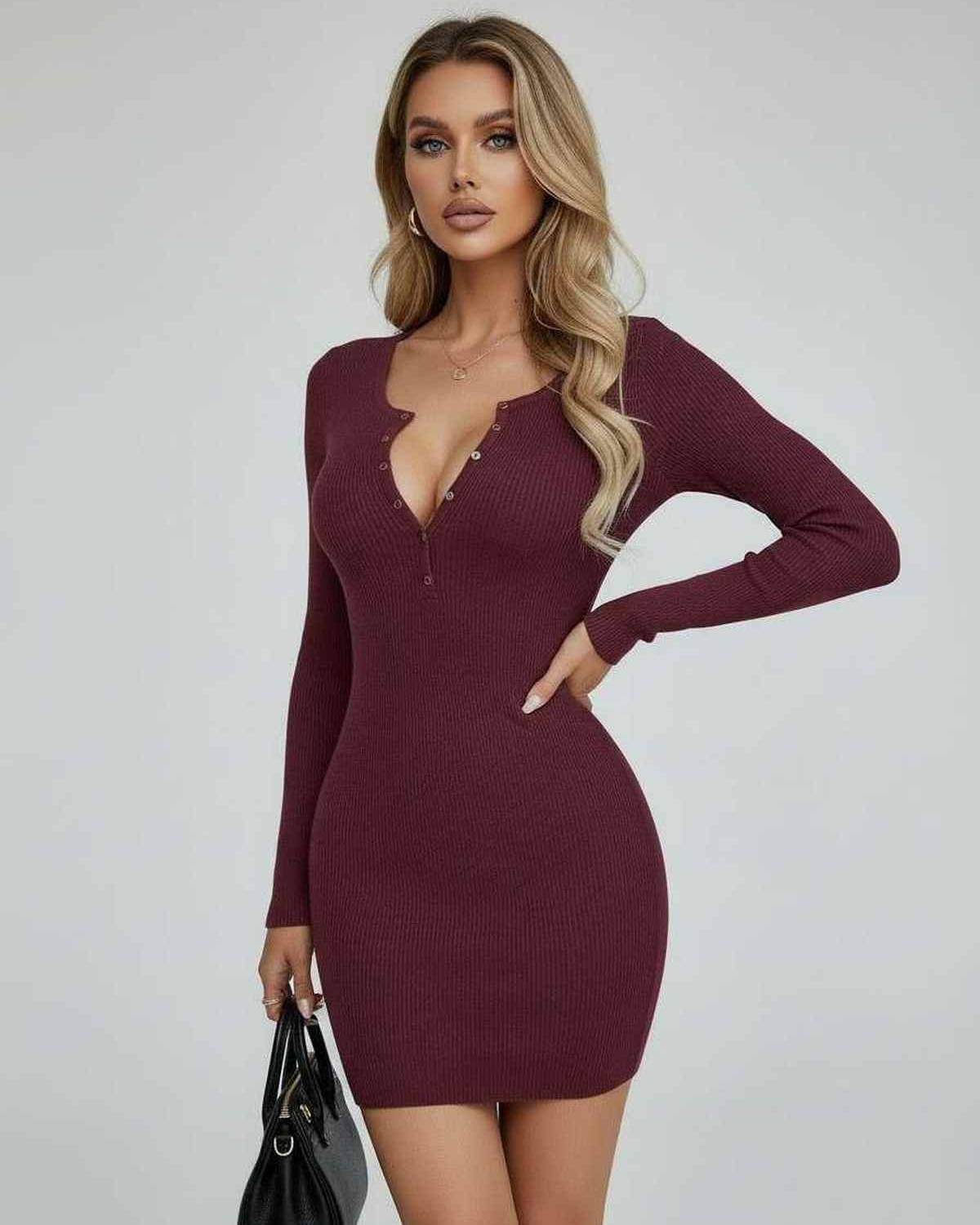 Sienna Mini Dress by Lauven - Long Sleeve Burgundy Ribbed Bodycon Mini Dress for a chic look.