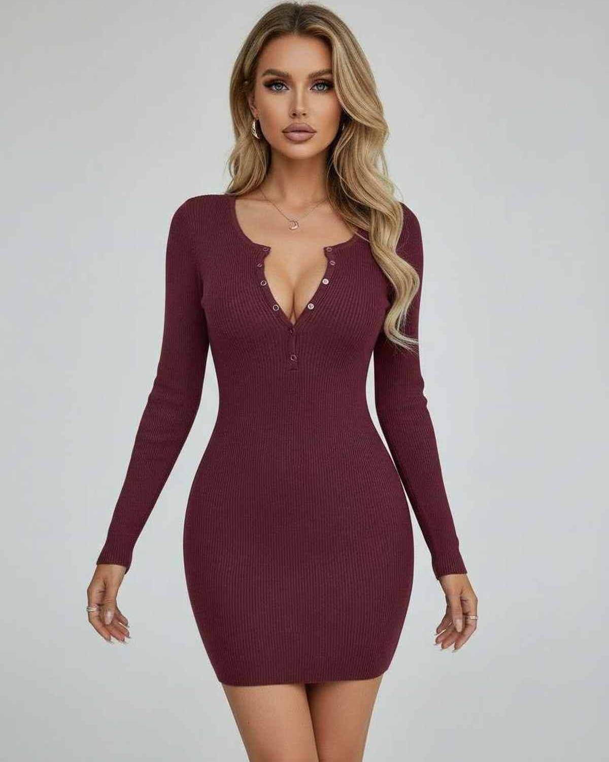 Sienna Mini Dress by Lauven - Elegant burgundy long sleeve ribbed bodycon mini dress with soft texture.