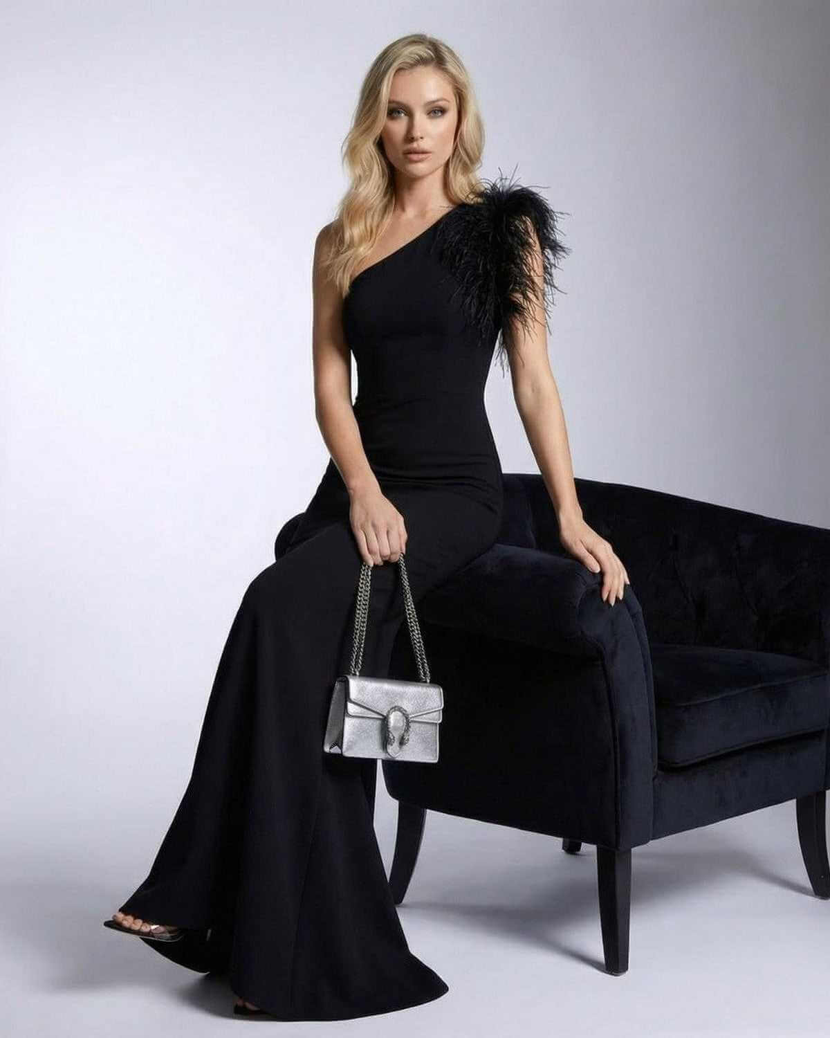 Noirelle Maxi Dress by SLIMONA featuring a one shoulder feather detail and mermaid silhouette, perfect for elegant evenings.