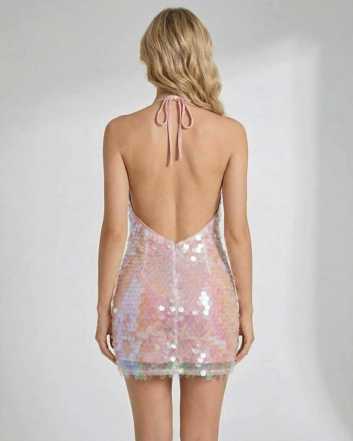Aurora Mini Dress by SLIMONA, featuring a sequin halter design in pastel iridescent tones.