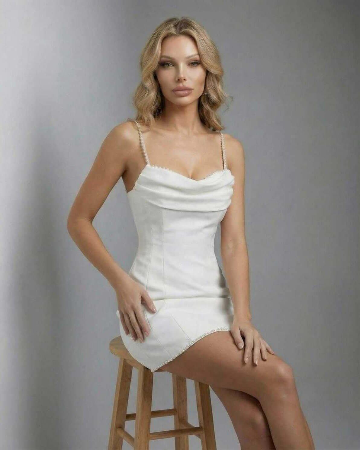 Sienna Mini Dress by Lauven - White A-Line mini dress with cowl neck and pearl strap detail, showcasing a stylish silhouette.