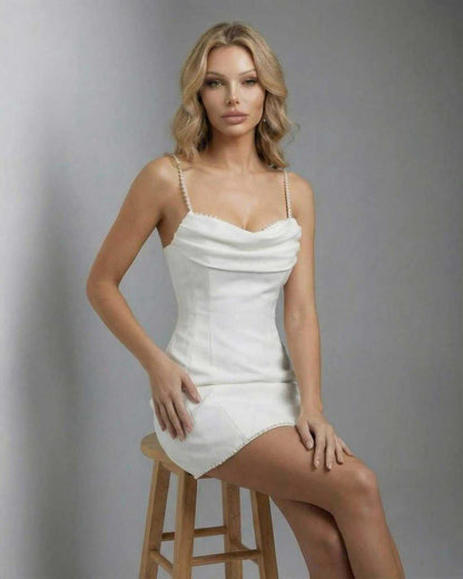 Sienna Mini Dress by Lauven - White A-Line mini dress with cowl neck and pearl strap detail, showcasing a stylish silhouette.