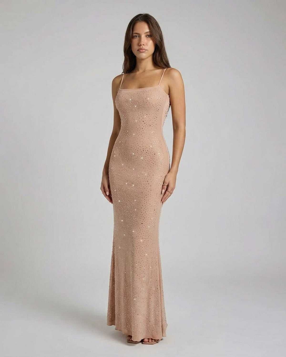 Celeste Maxi Dress by SLIMONA - Sequin bodycon dress with spaghetti straps, perfect for evening wear.
