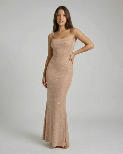 Celeste Maxi Dress by SLIMONA, a sequin bodycon dress with spaghetti straps and sleek design.