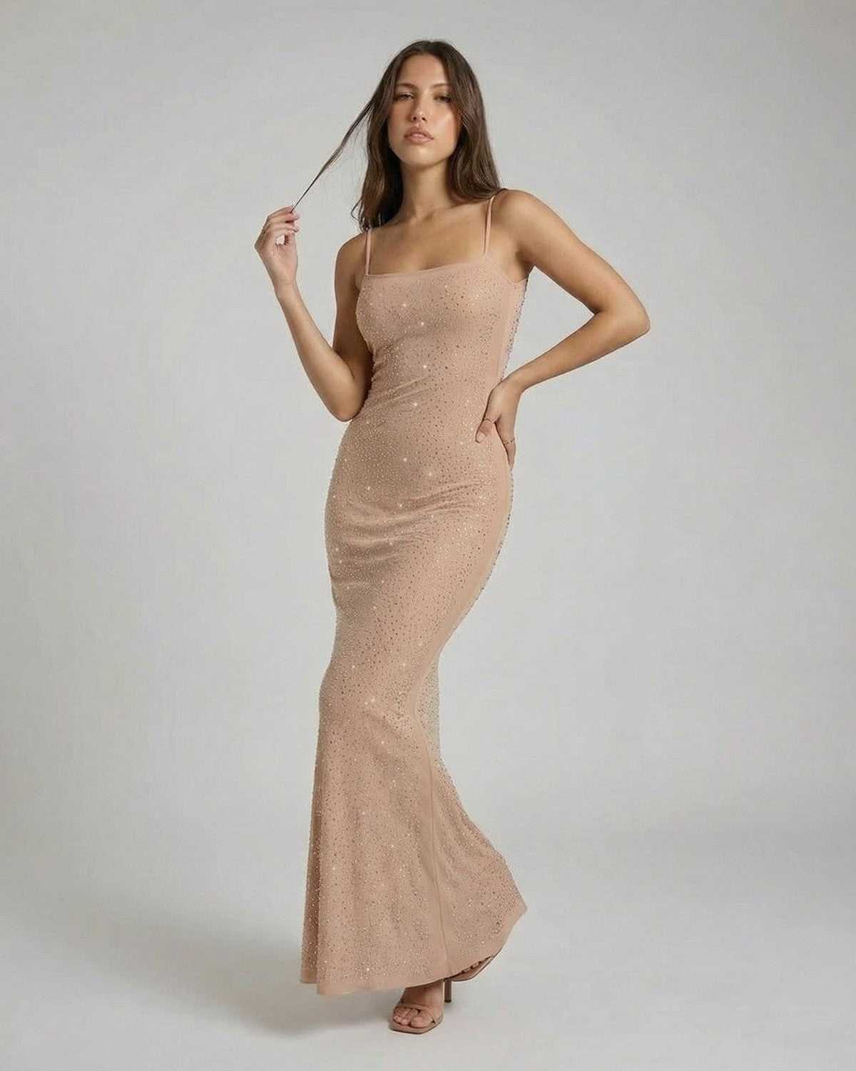 Celeste Maxi Dress by SLIMONA - Sequin bodycon maxi dress with spaghetti straps for evening elegance.