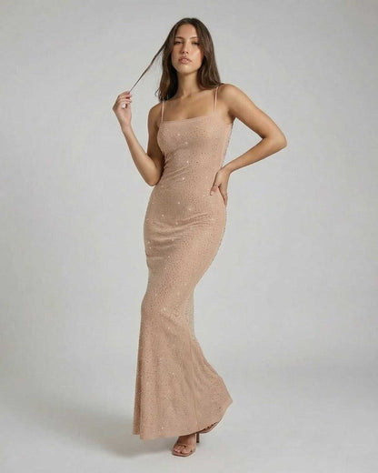 Celeste Maxi Dress by SLIMONA - Sequin bodycon maxi dress with spaghetti straps for evening elegance.