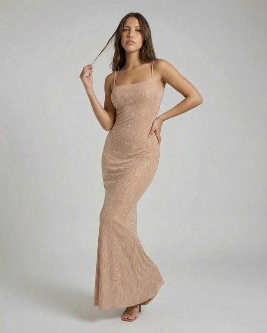 Celeste Maxi Dress by SLIMONA - Sequin bodycon maxi dress with spaghetti straps for evening elegance.