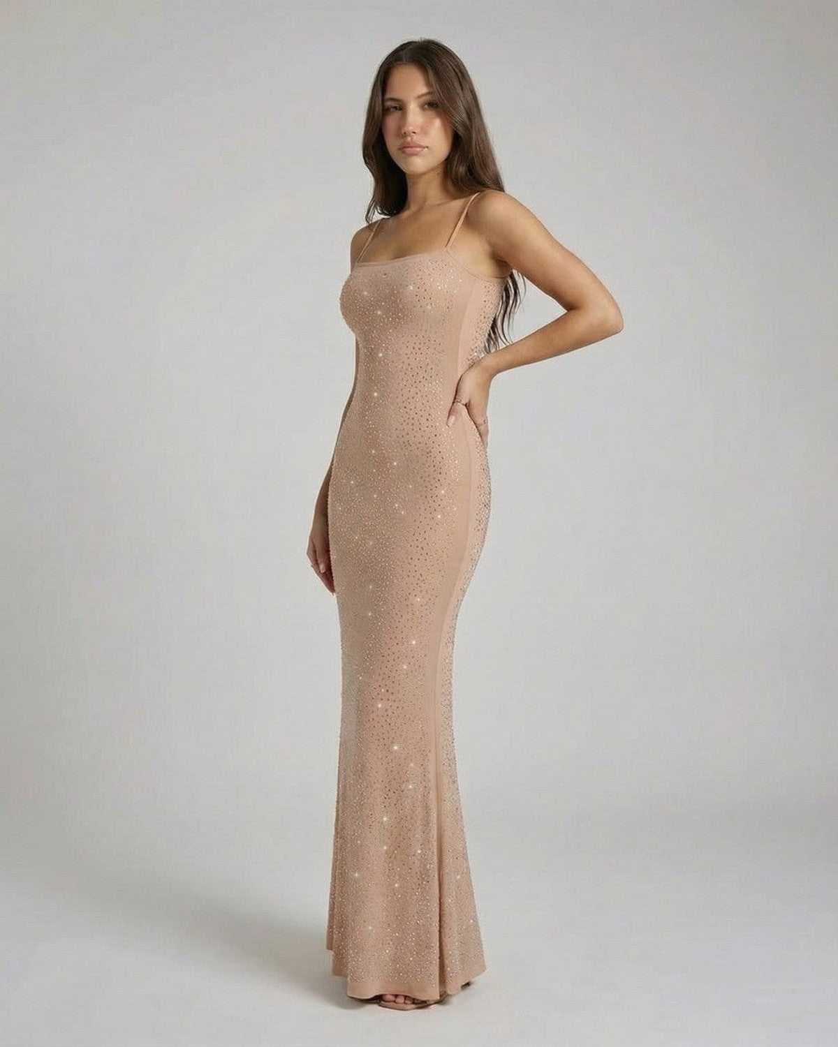 Celeste Maxi Dress by SLIMONA - Sequin Bodycon Maxi Dress with Spaghetti Straps in elegant design.