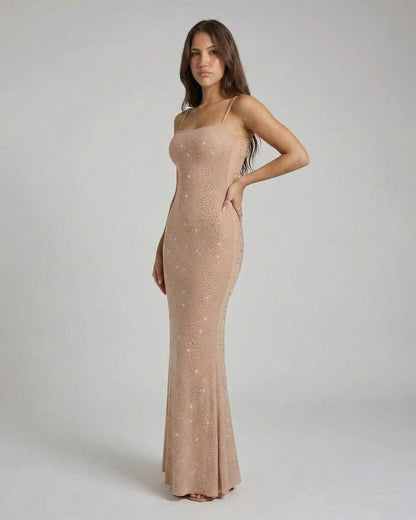 Celeste Maxi Dress by SLIMONA - Sequin Bodycon Maxi Dress with Spaghetti Straps in elegant design.