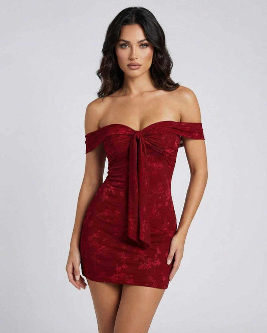 Verona Mini Dress by SLIMONA in rich red, off-the-shoulder jacquard sheath silhouette for a sophisticated look.