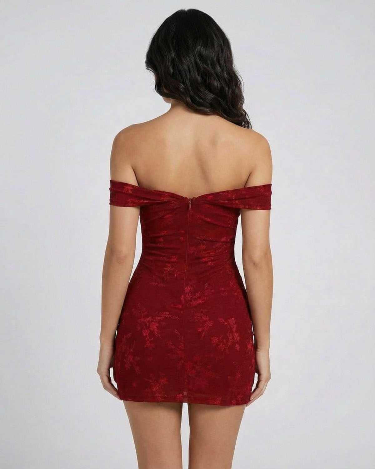 Verona Mini Dress by SLIMONA, featuring an elegant off-the-shoulder design and chic red jacquard texture.