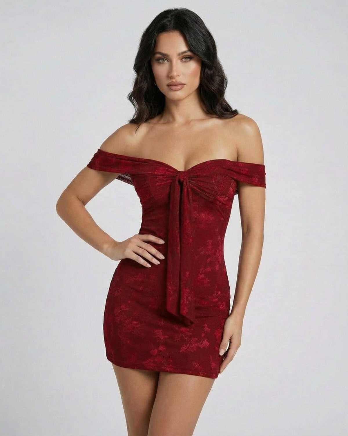 Verona Mini Dress by SLIMONA featuring an elegant off-the-shoulder design in rich red jacquard fabric.