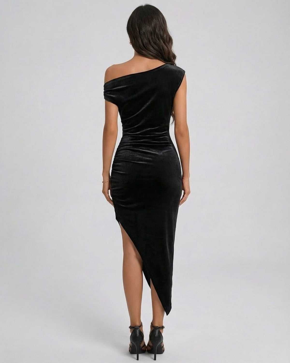 Selene Midi Dress by SLIMONA, elegant black velvet bodycon dress with asymmetrical design, perfect for evening wear.