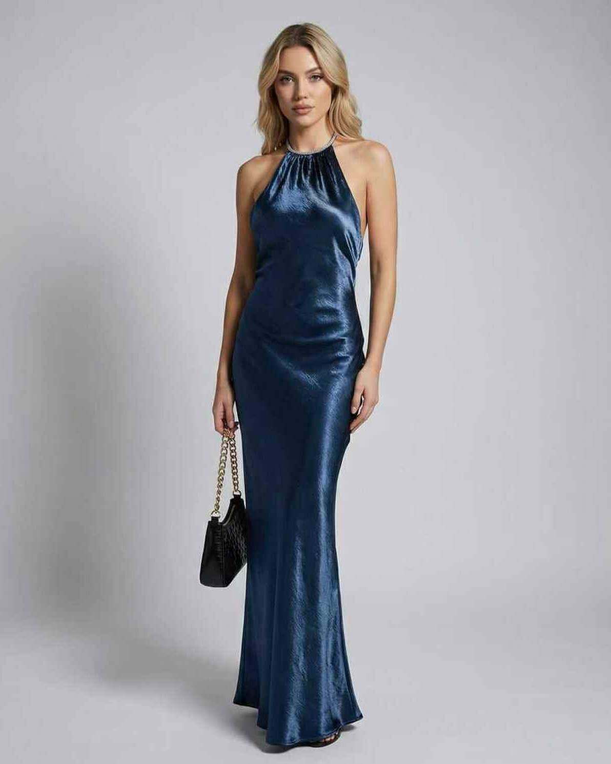 Monaco Maxi Dress by Lauven in deep blue satin with halter neckline for elegant evening occasions.