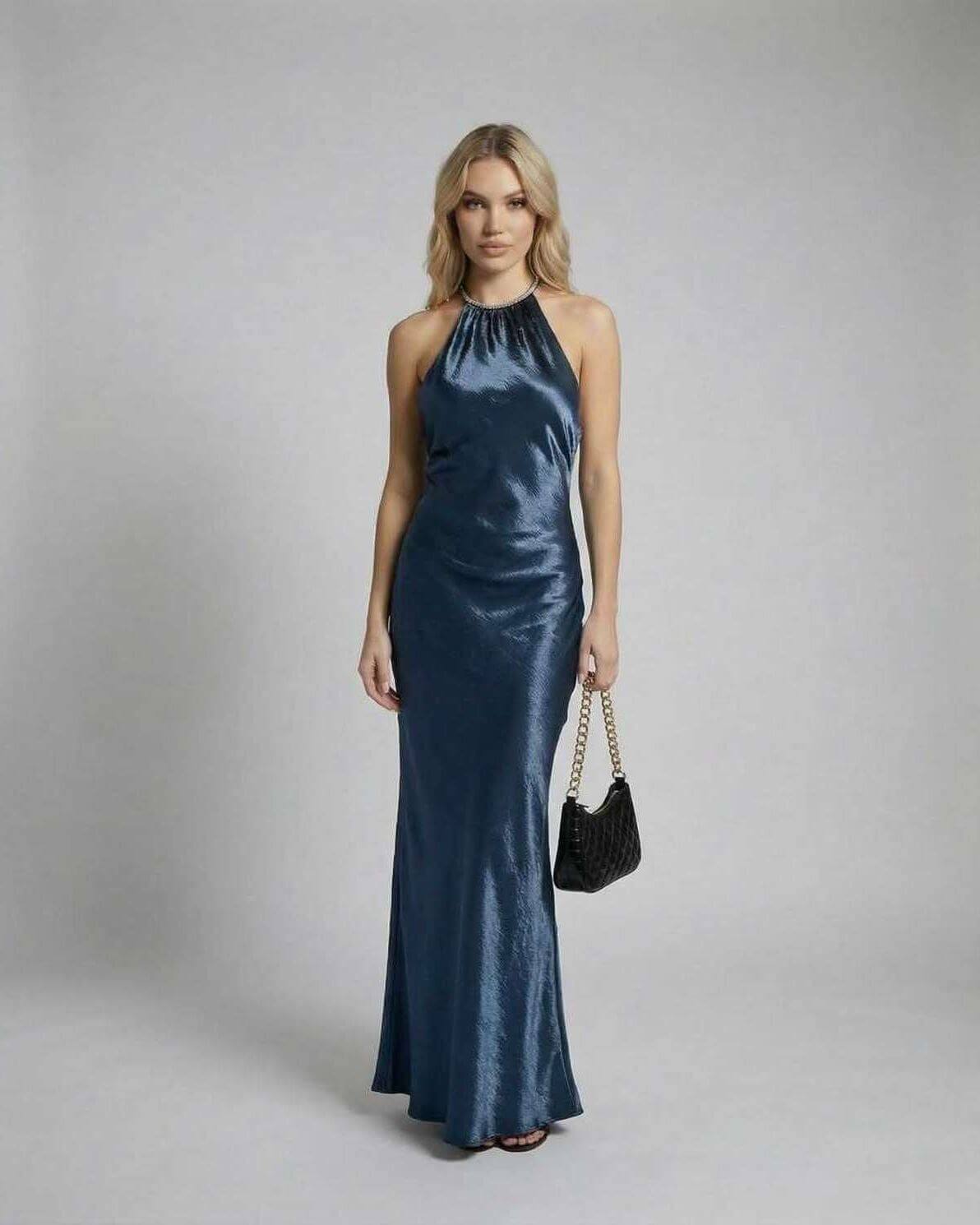 Monaco Maxi Dress by Lauven in deep blue, satin halter design for elegant evening wear.