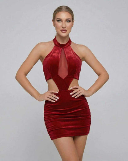 Valencia Mini Dress by SLIMONA - Red Velvet Bodycon Mini Dress with Halter Neck and Sleeveless Design.