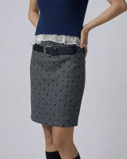 Lyra Mini Skirt from SLIMONA featuring a polka dot bodycon fit and stylish belt detail for a chic look.