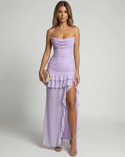 Lavelle Maxi Dress by SLIMONA – Elegant lavender maxi with cowl neck, ruffle details, and high-waist silhouette.
