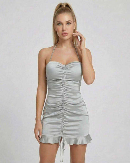 Celeste Mini Dress by SLIMONA, featuring a satin finish and ruched high-waist silhouette.