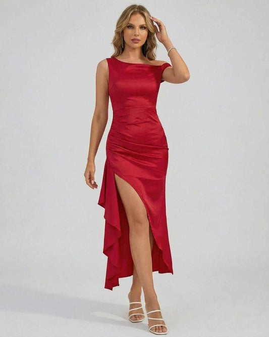 Valencia Midi Dress by SLIMONA, showcasing red off-the-shoulder elegance with a high slit for stunning occasions.