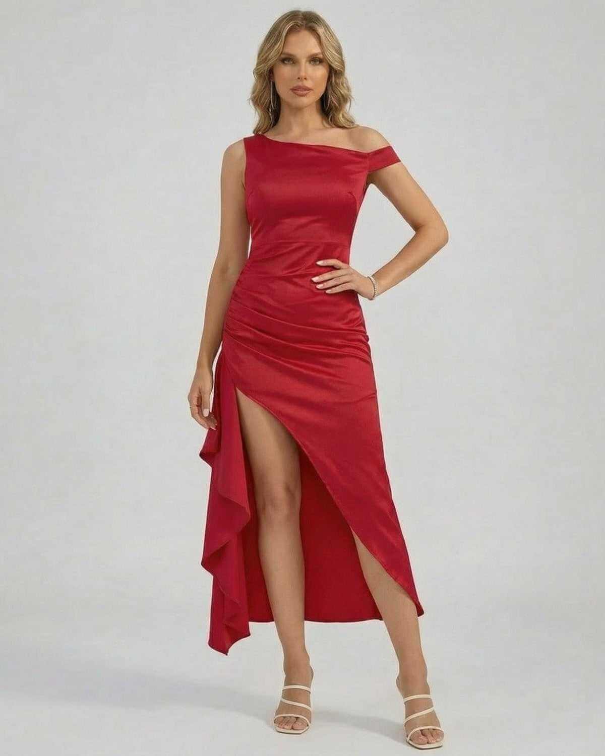 Valencia Midi Dress by SLIMONA featuring an off-the-shoulder design and high slit for elegant style.