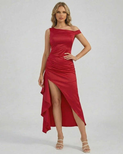 Valencia Midi Dress by SLIMONA featuring an off-the-shoulder design and high slit for elegant style.