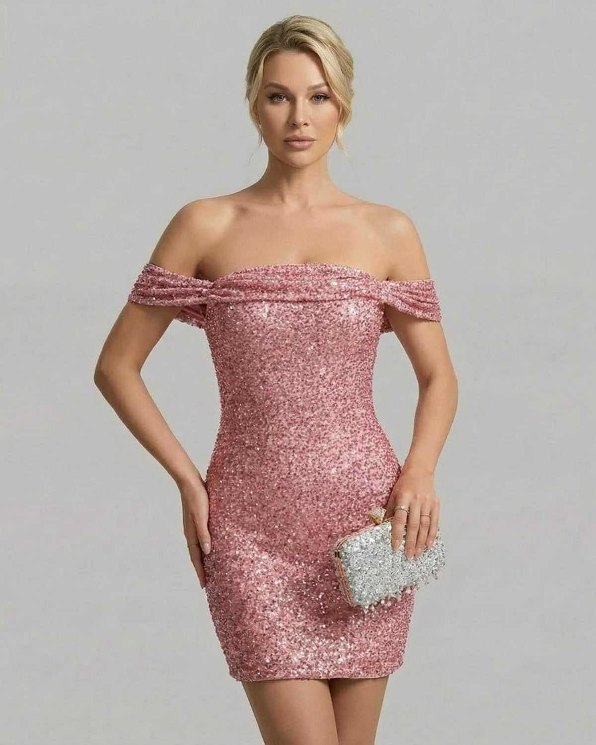 Aurora Mini Dress by SLIMONA - Off-shoulder sequin bodycon mini with a sleek silhouette.