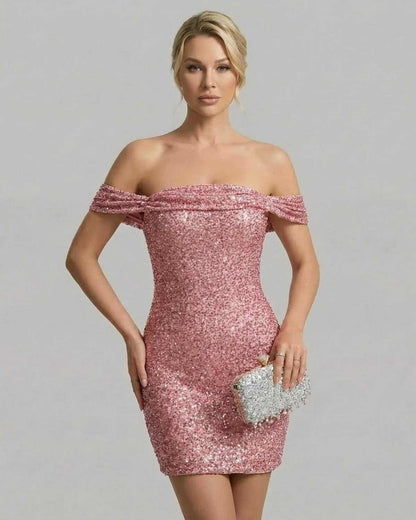 Aurora Mini Dress by SLIMONA - Off-shoulder sequin bodycon mini with a sleek silhouette.