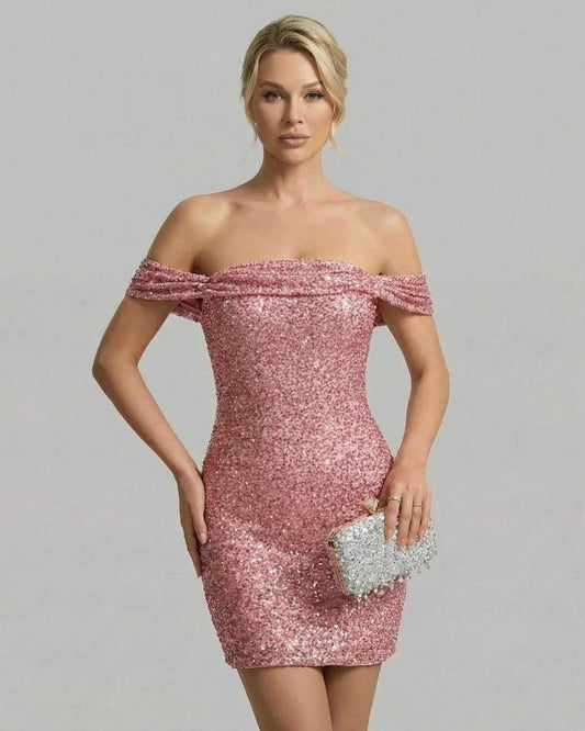 Aurora Mini Dress by SLIMONA - Off-shoulder sequin bodycon mini with a sleek silhouette.