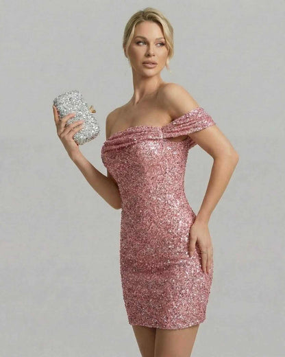 Aurora Mini Dress by SLIMONA - Pink sequin bodycon mini dress with asymmetrical neckline, perfect for evening wear.
