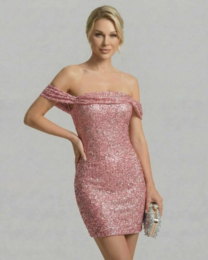 Aurora Mini Dress by SLIMONA, sleeveless sequin bodycon mini dress with asymmetrical neckline.
