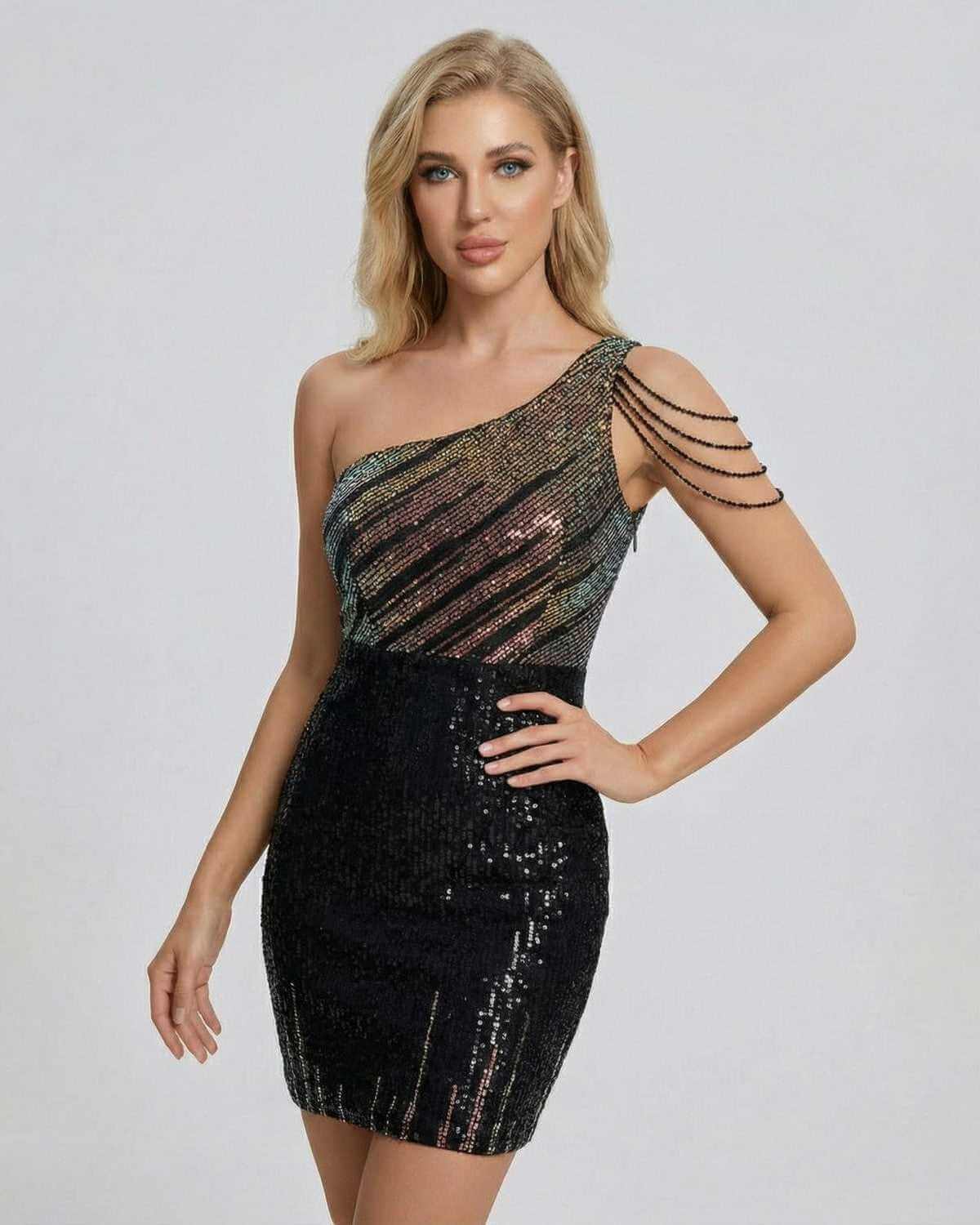 Orion Mini Dress by SLIMONA - One-shoulder sequin bodycon dress with stunning shine and modern silhouette.