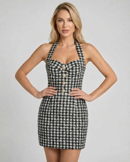 Aurelia Mini Dress by SLIMONA, halter neck plaid A-line mini dress featuring structured silhouette and tailored finish.