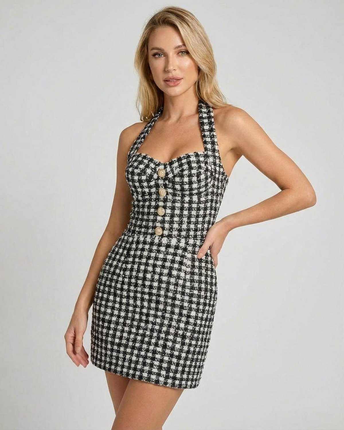 Aurelia Mini Dress by SLIMONA featuring a halter neck plaid design, structured A-line silhouette, and tailored finish.