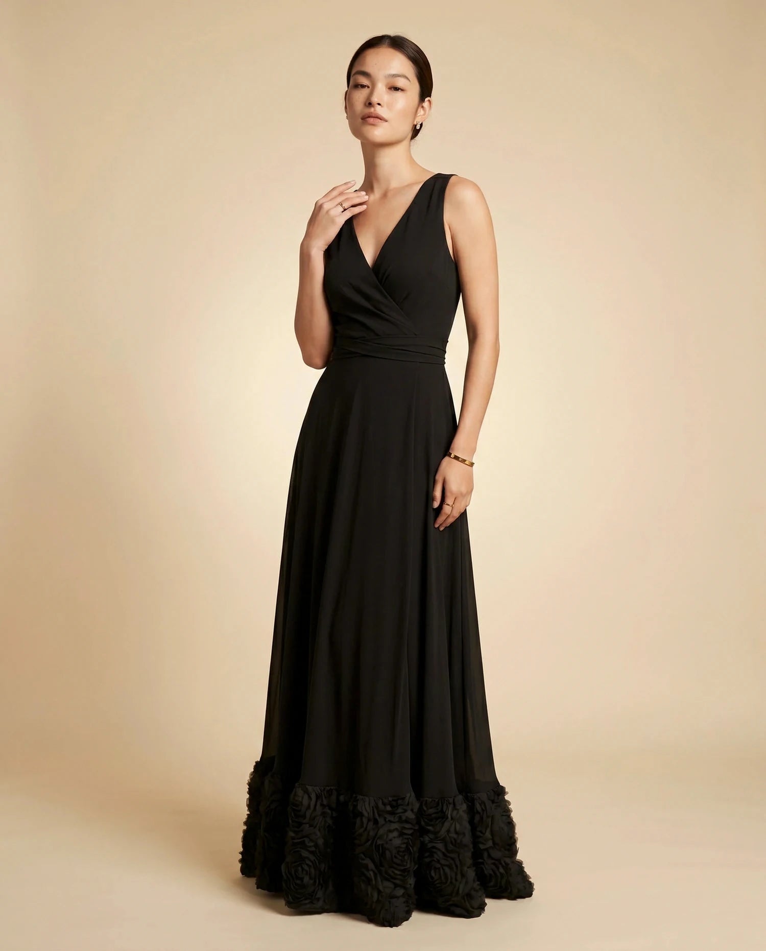Lotus Maxi Dress – Black V Neck maxi dress, hero front view by Slimona