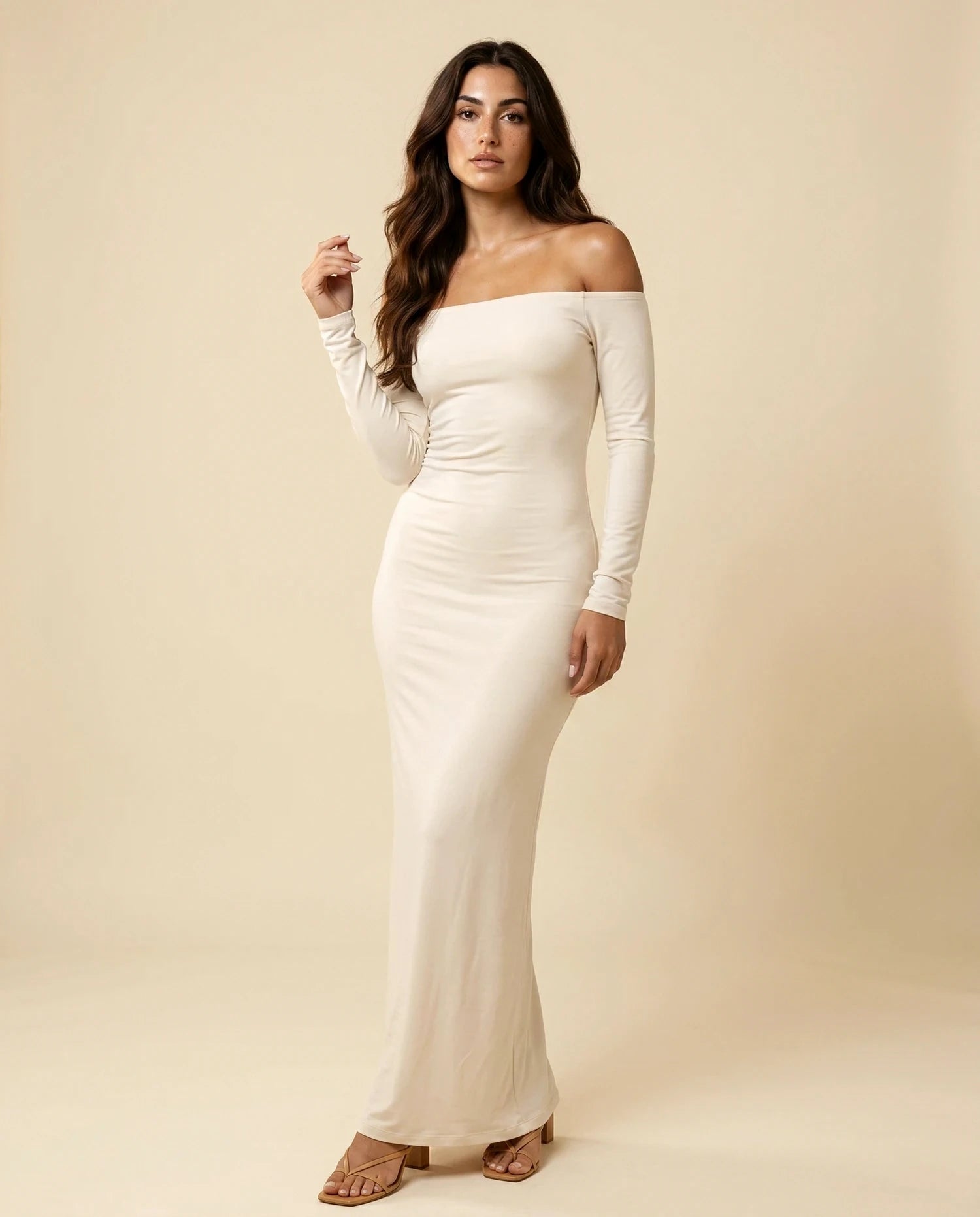 Ivory Maxi Dress – Ivory Off Shoulder maxi dress, hero front view by Slimona