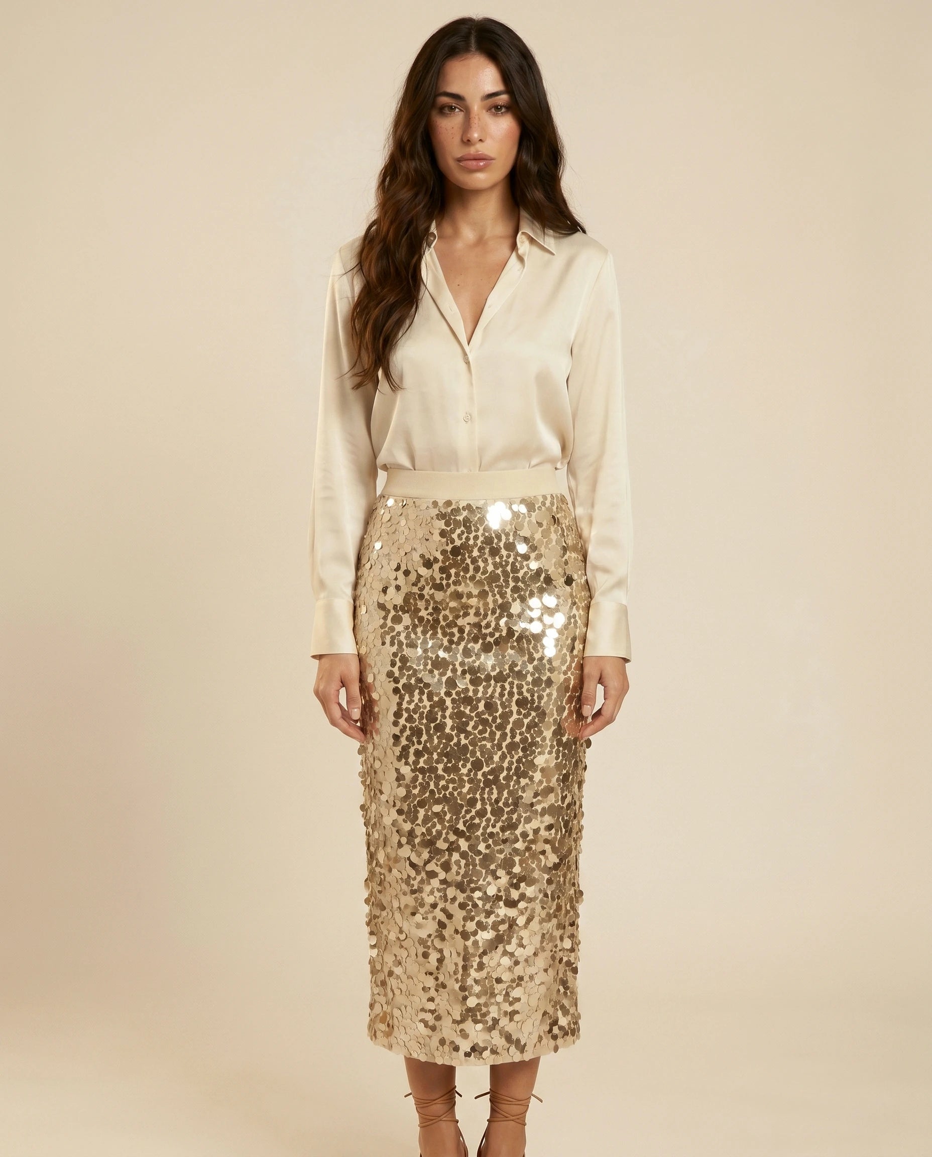 Aureline Midi Skirt front | SKU: AMS-59284-champagne-L-S2,AMS-59284-champagne-M-S2,AMS-59284-champagne-S-S2,AMS-59284-champagne-XL-S2,AMS-59284-champagne-XS-S2