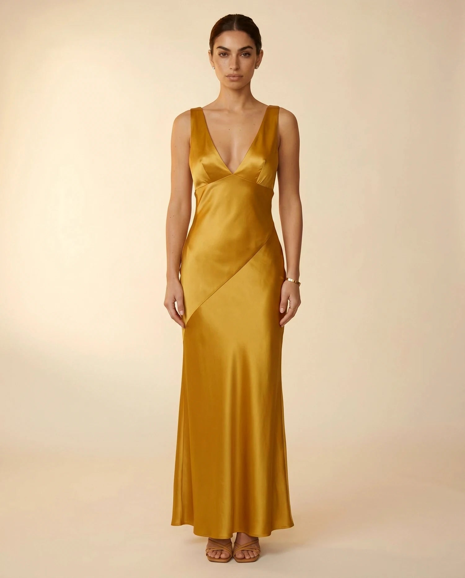 Aurelia Maxi Dress – Black Satin V Neck maxi dress, clean front view full body by Slimona