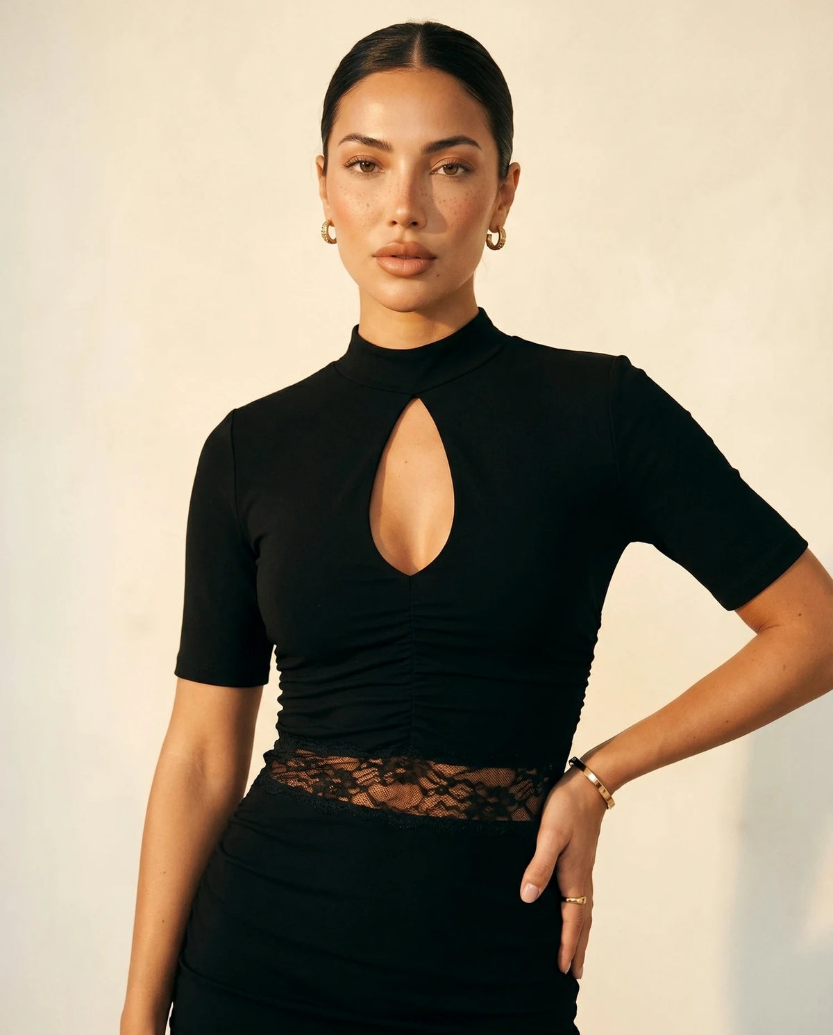 Noirelle Mini Dress – Black Lace Round Neck mini dress, bodice and waist detail by Slimona | SKU: NMD-48291-black-L-S2,NMD-48291-black-M-S2,NMD-48291-black-S-S2,NMD-48291-black-XL-S2,NMD-48291-black-XS-S2