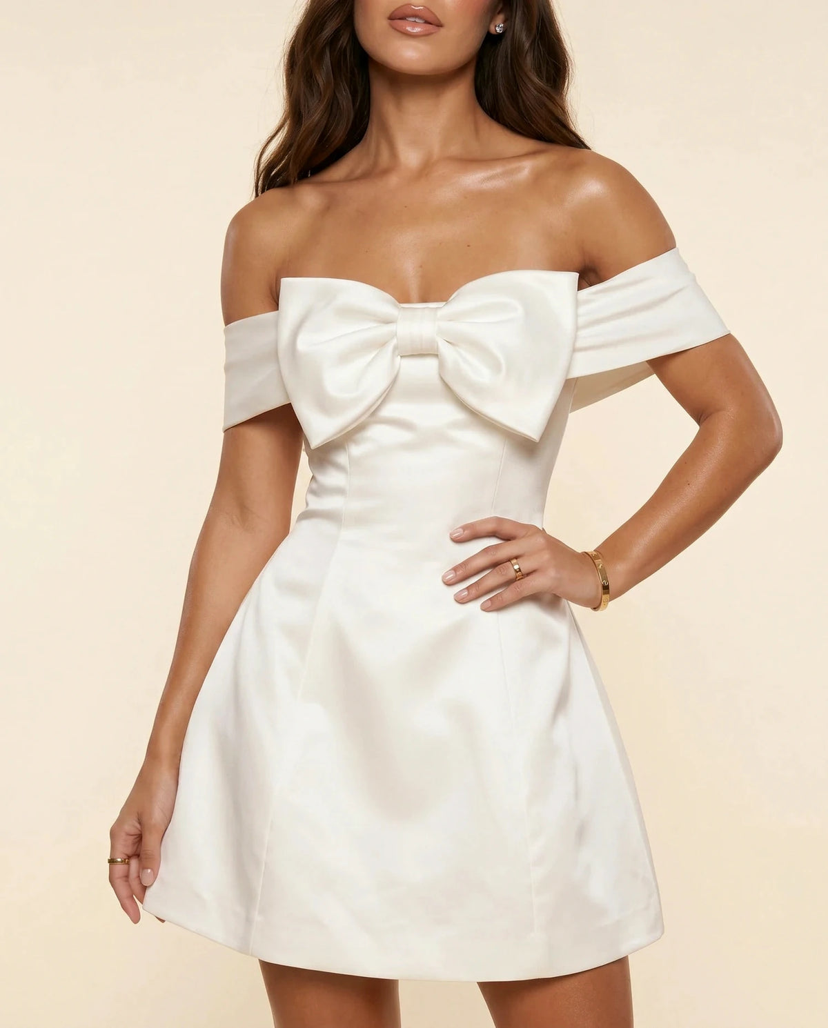 Alba Mini Dress – White Satin Off Shoulder mini dress, bodice and waist detail by Slimona | SKU: '-us-21298-S2,'-us-25679-S2,'-us-5960-S2,'-us-70946-S2,'-us-79426-S2